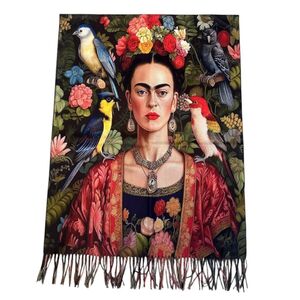 Écharpe réversible à l’effigie de Frida Kahlo bordée de franges