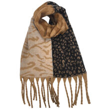 Écharpe modèle hiver bicolore avec motif léopard et zèbre à grosses franges - 3 pièces