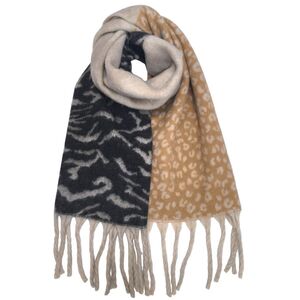 Écharpe modèle hiver bicolore avec motif léopard et zèbre à grosses franges - 3 pièces