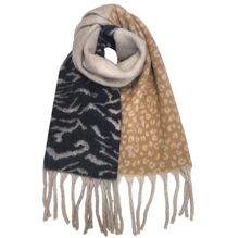 Écharpe modèle hiver bicolore avec motif léopard et zèbre à grosses franges - 3 pièces
