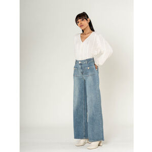 Jean WIDE à taille haute et stretch et poches plaquées avec boutons dorés