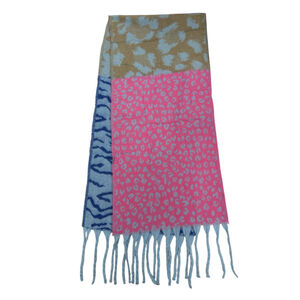 Écharpe modèle hiver bicolore avec motif léopard et zèbre à grosses franges - 3 pièces