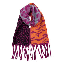 Écharpe modèle hiver bicolore avec motif léopard et zèbre à grosses franges - 3 pièces