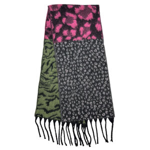 Écharpe modèle hiver bicolore avec motif léopard et zèbre à grosses franges - 3 pièces