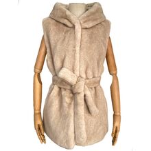 Gilet à capuche en fausse fourrure sans manches avec fermeture à boutons et ceinture