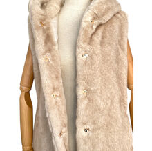 Gilet à capuche en fausse fourrure sans manches avec fermeture à boutons et ceinture