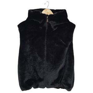 Gilet à capuche en fausse fourrure doux et sans manches avec fermeture zip à taille élastique