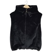 Gilet à capuche en fausse fourrure doux et sans manches avec fermeture zip à taille élastique