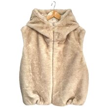 Gilet à capuche en fausse fourrure doux et sans manches avec fermeture zip à taille élastique