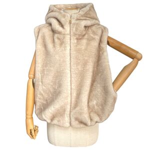 Gilet à capuche en fausse fourrure doux et sans manches avec fermeture zip à taille élastique