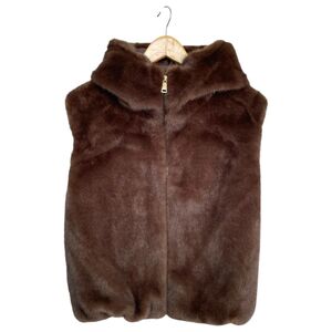 Gilet à capuche en fausse fourrure doux et sans manches avec fermeture zip à taille élastique