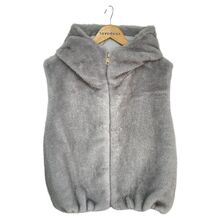 Gilet à capuche en fausse fourrure doux et sans manches avec fermeture zip à taille élastique