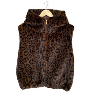 Gilet à capuche en fausse fourrure doux et sans manches avec fermeture zip à taille élastique