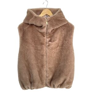 Gilet à capuche en fausse fourrure doux et sans manches avec fermeture zip à taille élastique