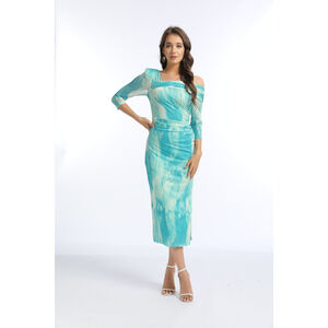 Robe coupe fourreau asymétrique imprimée tie-dye avec fente et manches 3/4