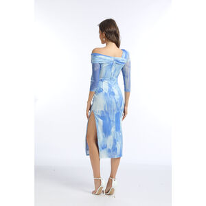 Robe coupe fourreau asymétrique imprimée tie-dye avec fente et manches 3/4