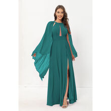 Robe longue en mousseline avec fente et cape volantée aux épaules