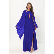 Robe longue en mousseline avec fente et cape volantée aux épaules