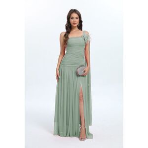 Robe longue drapée à fente et décolleté asymétrique parée de fleur détachable