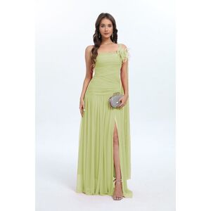 Robe longue drapée à fente et décolleté asymétrique parée de fleur détachable