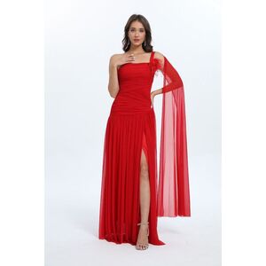 Robe longue drapée à fente et décolleté asymétrique parée de fleur détachable