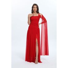 Robe longue drapée à fente et décolleté asymétrique parée de fleur détachable