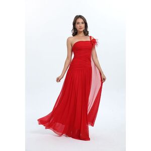 Robe longue drapée à fente et décolleté asymétrique parée de fleur détachable