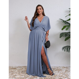 Robe maxi grande taille décolleté croisé et manches fluides avec fente raffinée