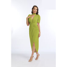 Robe fourreau à col licou et drapé à manches courtes bouffantes avec fente