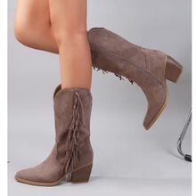 Bottines western en suédine frangées et talon cubain effet bois taille 36-41
