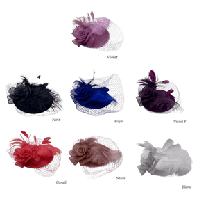 Bibi de cérémonie avec fleur à voilette et détail plumes