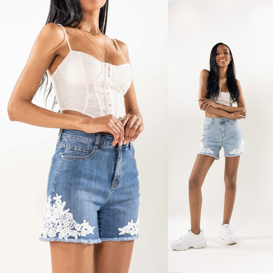 Grossiste de short en jean a taille haute avec application de dentelle pour prix reduit REF DV Q1889