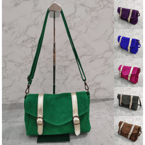 Besace croûte de cuir daim fermeture par rabat aimanté