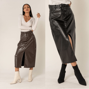 Grossiste de jupe longue en similicuir unie avec une fente sur le