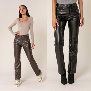 Pantalon taille haute top simili cuir ceinture