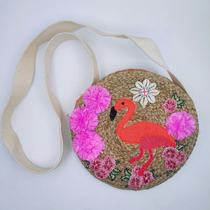 Grossiste de sac bandoulière forme rond détail à motif flamant