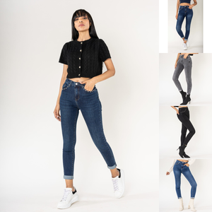 Grossiste de jeans slim taille haute avec des rivets decoratifs sur les poches pour tarif pas cher REF DV P605