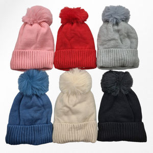 Bonnet doublé pour enfant uni simple et bord côtelé avec pompon