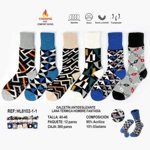 Chaussettes antidérapantes en laine thermique à motif fantaisie pour homme