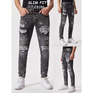 Pantalon jean gris coupe slim effet délavé usé en coton