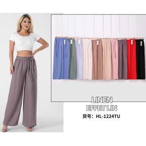 Pantalon large effet lin avec taille haute élastique et cordon
