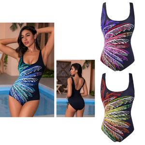 Maillot de bain une pièce grande taille avec graphique plumes colorées