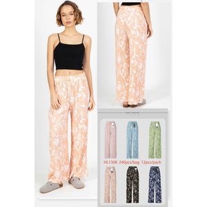 Pantalon effet plissé motif fleuri coloré à taille élastique confortable