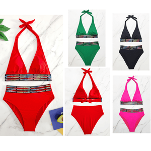 Bikinis 2 pièces grande taille à haut halter et culotte avec bandes SWIMWEAR