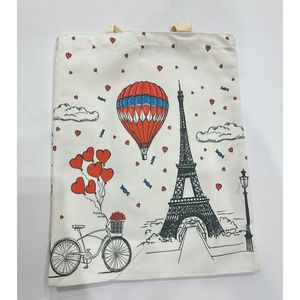 Tote bag en coton à motif Tour Eiffel, un montgolfière et un vélo