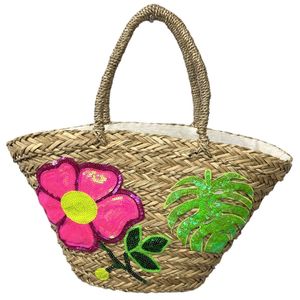 Sac de plage en paille avec motifs floraux et végétaux en sequins