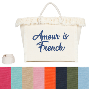 Cabas zippé "Amour is French" orné d'une bordure de franges