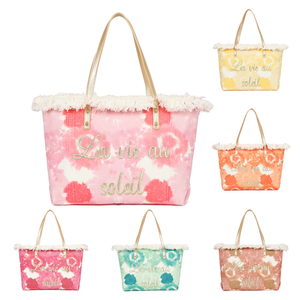 Cabas zippé motif tie-dye à broderie "La vie au soleil" et bords frangés