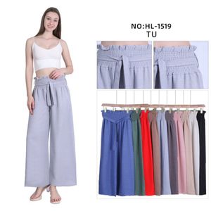 Pantalon coupe palazzo à taille haute froncée par des élastiques