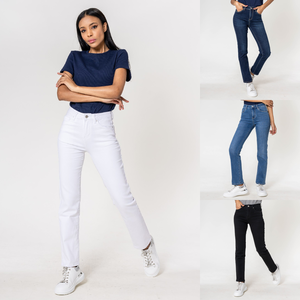 Pantalon regular/droit en coton stretch avec taille haute